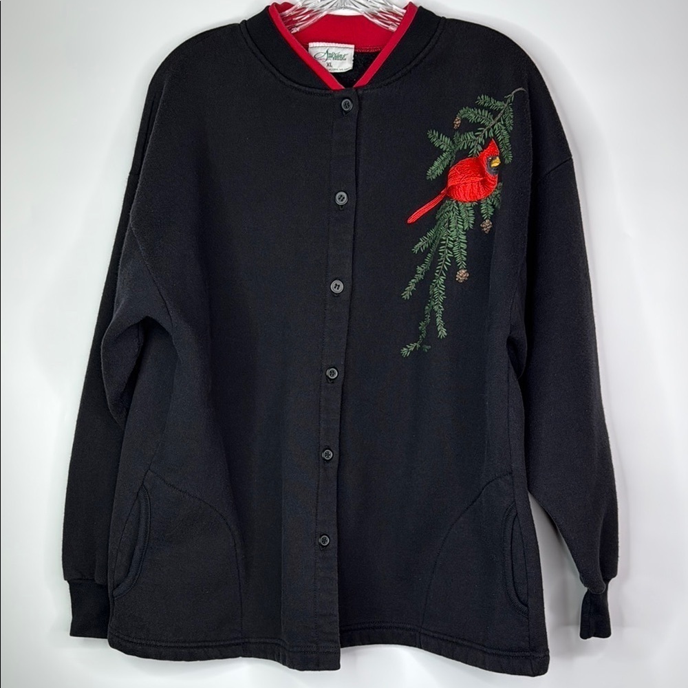 Vintage Artisans Cardinal Bird Black Button UP Sweatshirt Size XL 1996